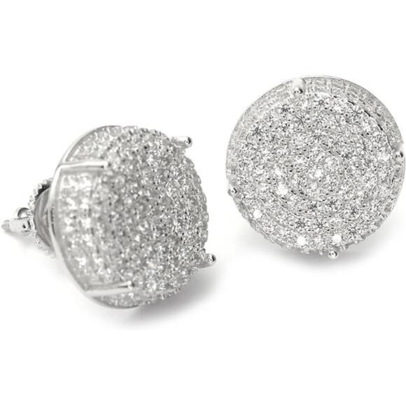 Men's XL 1/2 Inch Full Iced Cubic Zirconia Round Prong Setting Screw Back Trendy